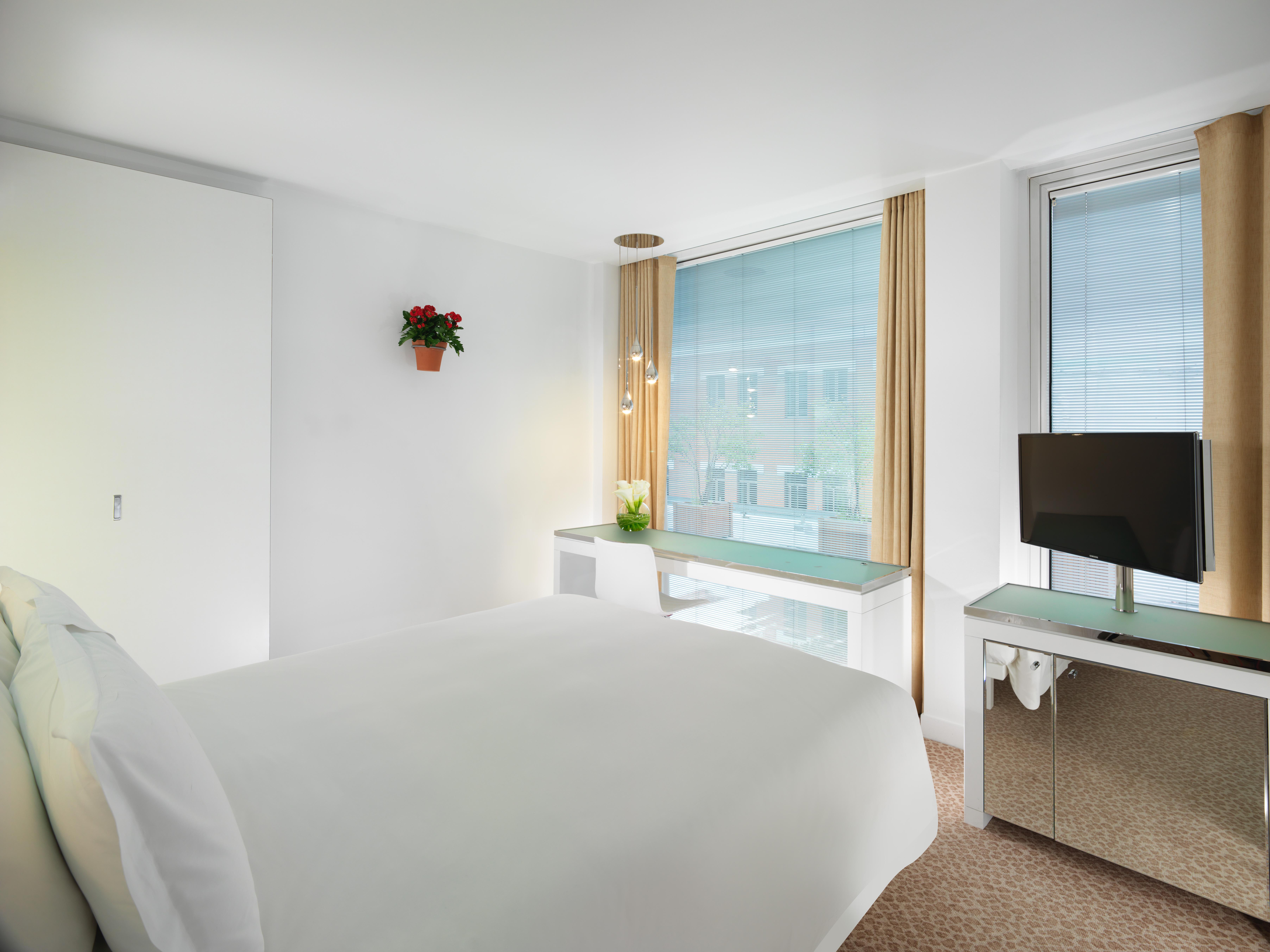 โรงแรมเซนต์ มาร์ติน เลน ลอนดอน ภายนอก รูปภาพ The photo shows a bright and modern hotel room. It features a large bed with crisp white bedding, positioned against a clean, light-colored wall. There are two windows with light curtains that allow natural light to enter the space. A small potted pl